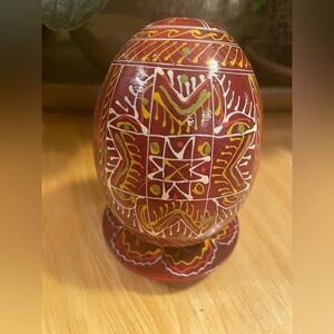 Handpainted Ukrainian wooden Egg with stand 4 inches high
